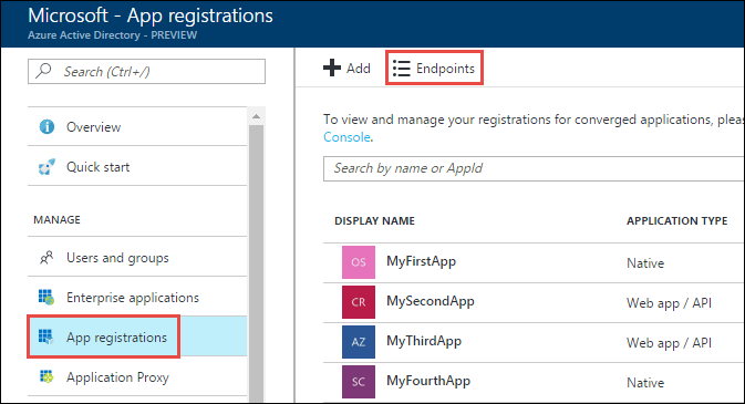 OAuth token endpoint Screenshot of Active Directory with the App registrations option and the Endpoints option called out.