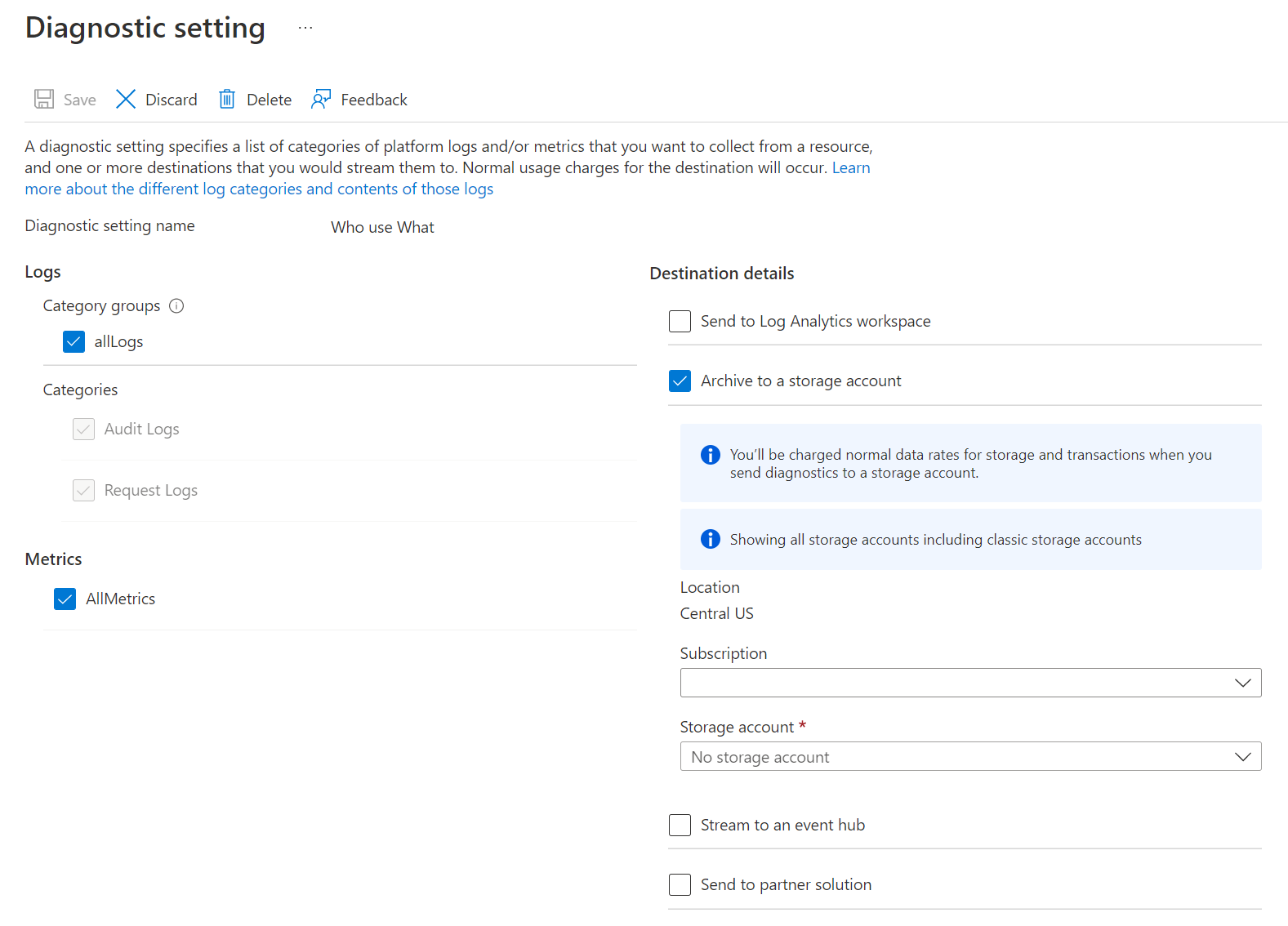 Enable diagnostic logs Screenshot of the Diagnostic setting section with the Name text box and the Save option called out.