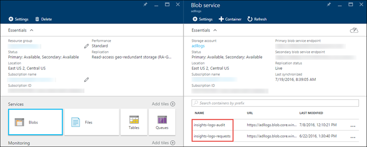 View diagnostic logs Screenshot of the Data Lake Storage Gen 1 blade the the Blobs option selected and the Blog service blade with the names of the two blob services called out.