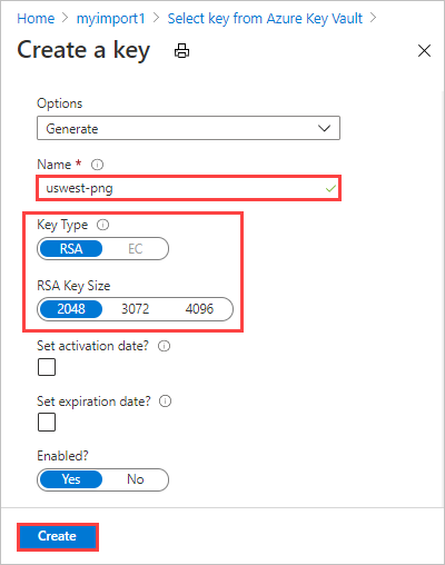 A screen capture showing the naming of a new key in Azure Key Vault.