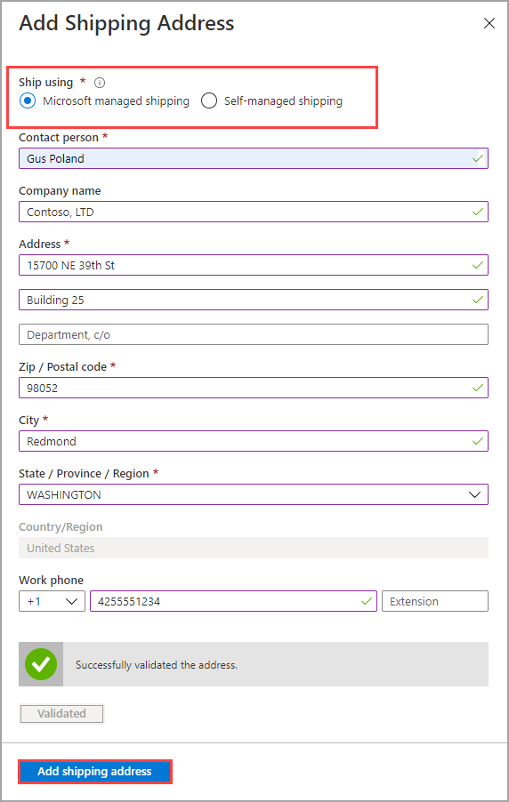 Screen capture showing the data fields on the Contact Details tab for a Data Box export order with the Ship Using and Add Shipping Address button highlighted and the Microsoft Managed Shipping option selected.