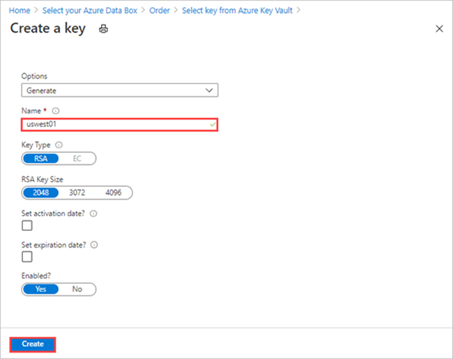 Screen capture of the New Key options when creating an new Azure Key Vault key to provide a customer-managed key in the Data Box export order's Security tab.