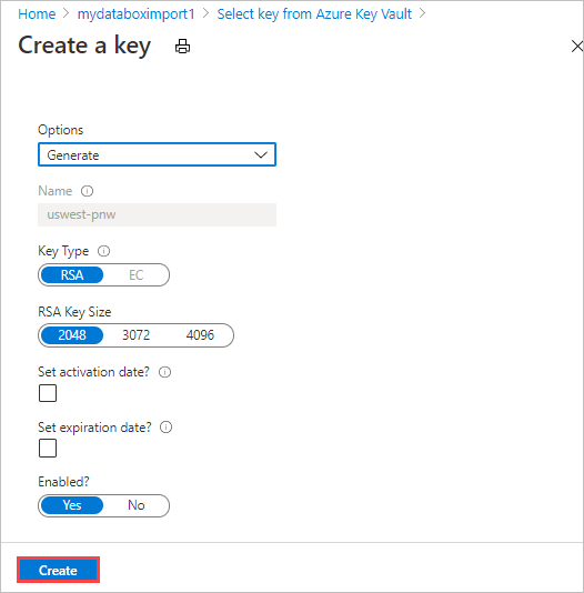 Screen capture showing the options for generating a new version of an existing Azure Key Vault key to provide a customer-managed key in the Data Box export order's Security tab.