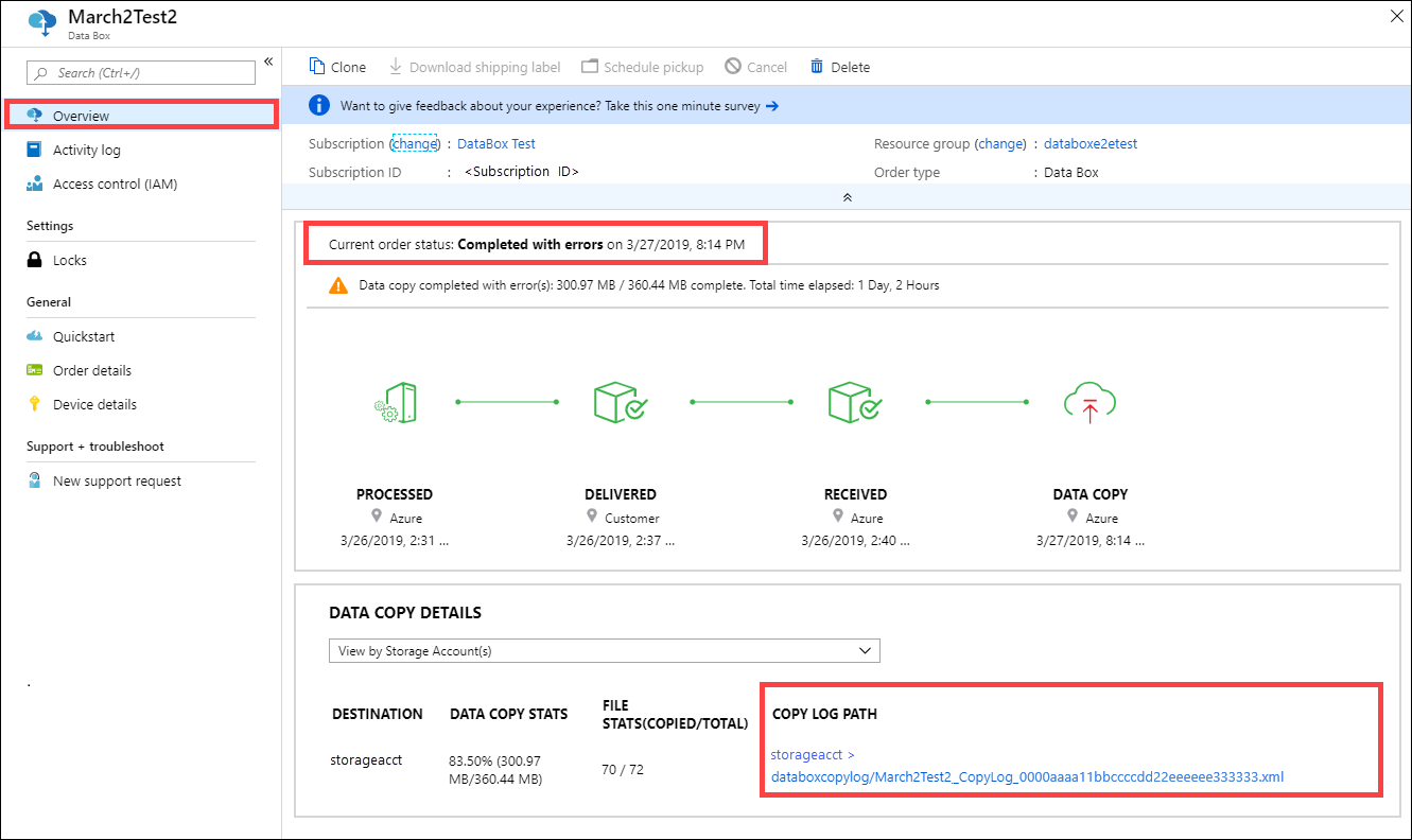 Screen capture of the path to copy log in Overview blade when completed with errors.