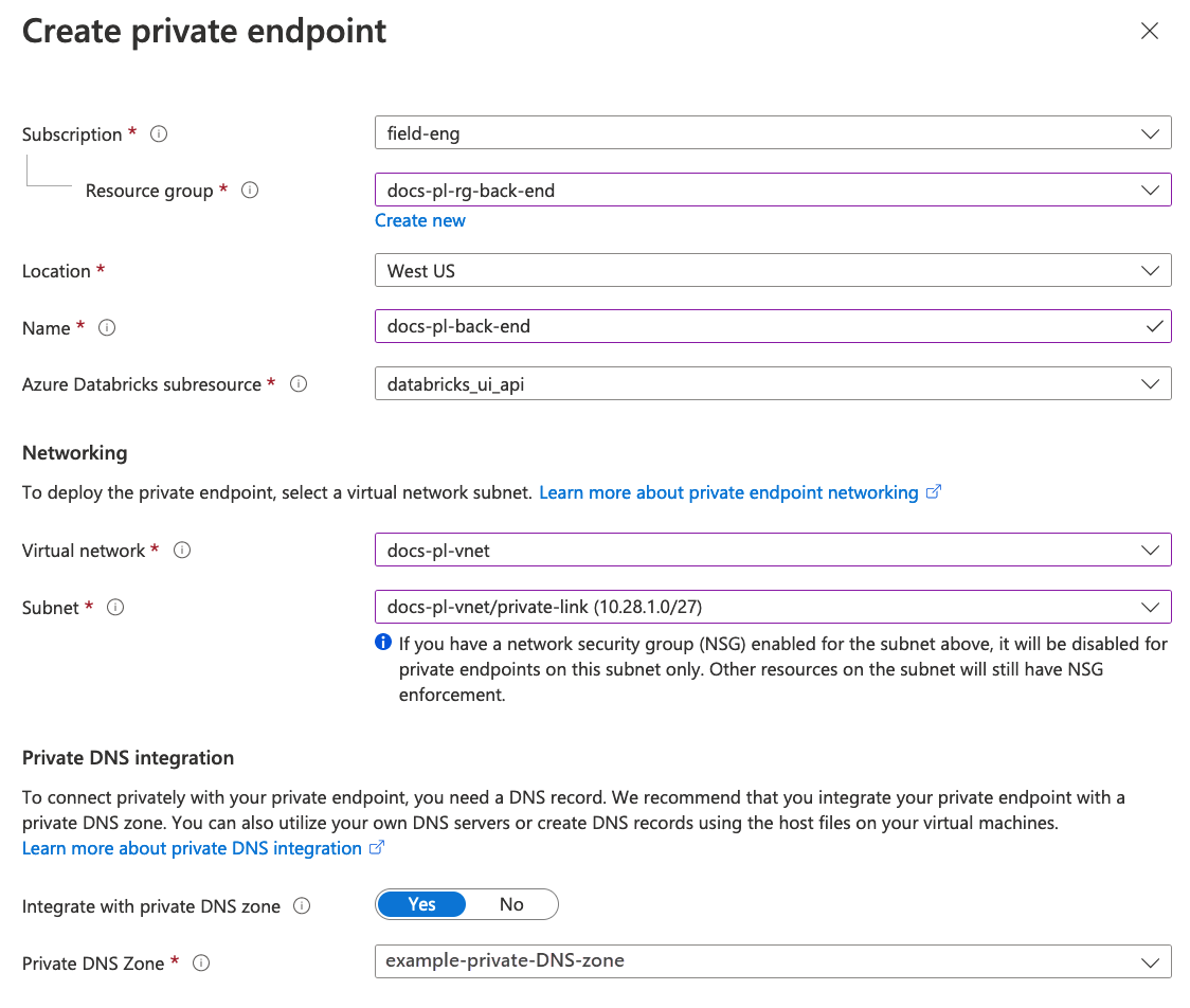 Azure portal blade for creating a private endpoint