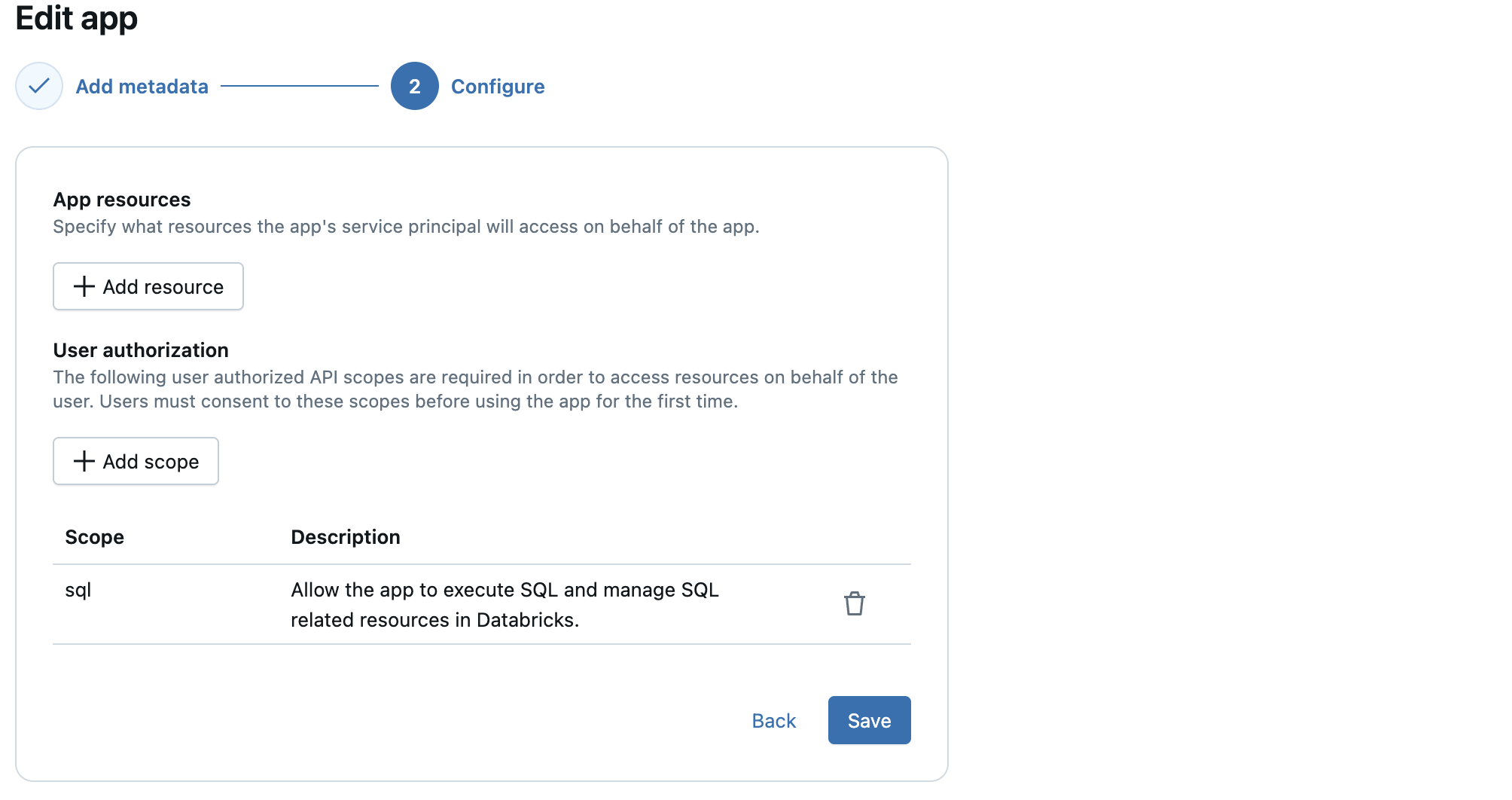 Add user authorization scopes to a Databricks app
