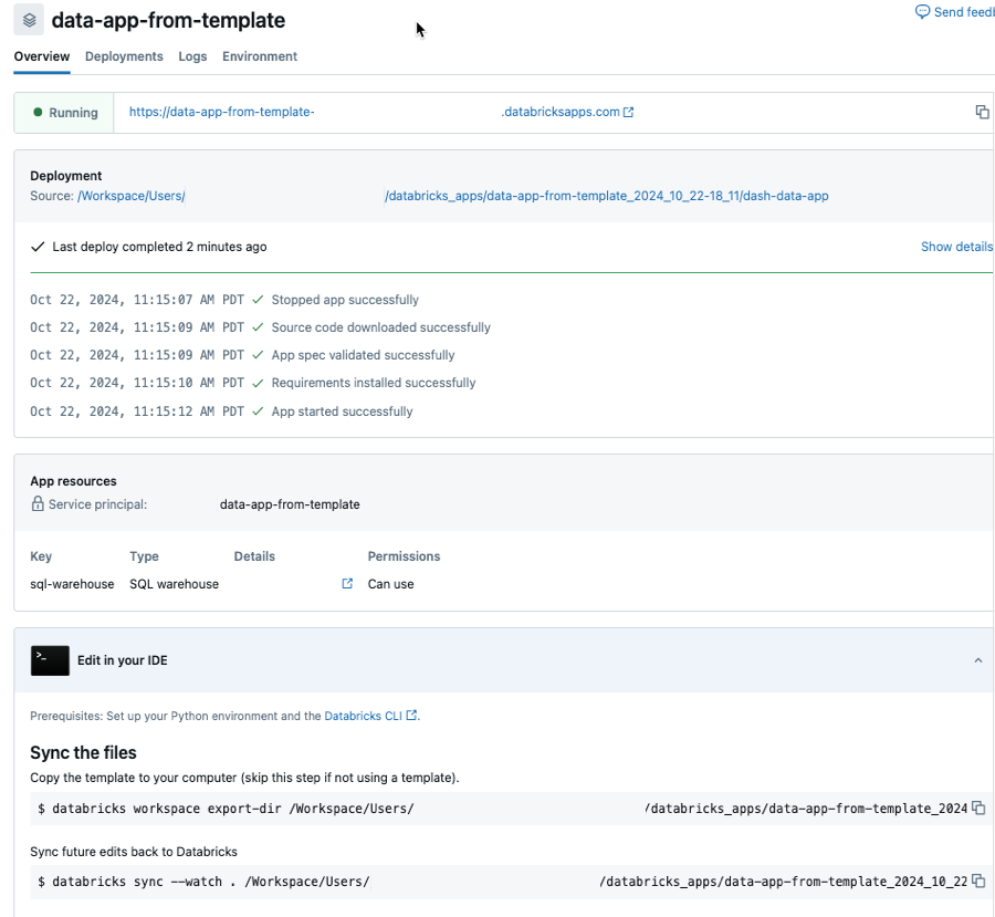 View the details for a templated Databricks app