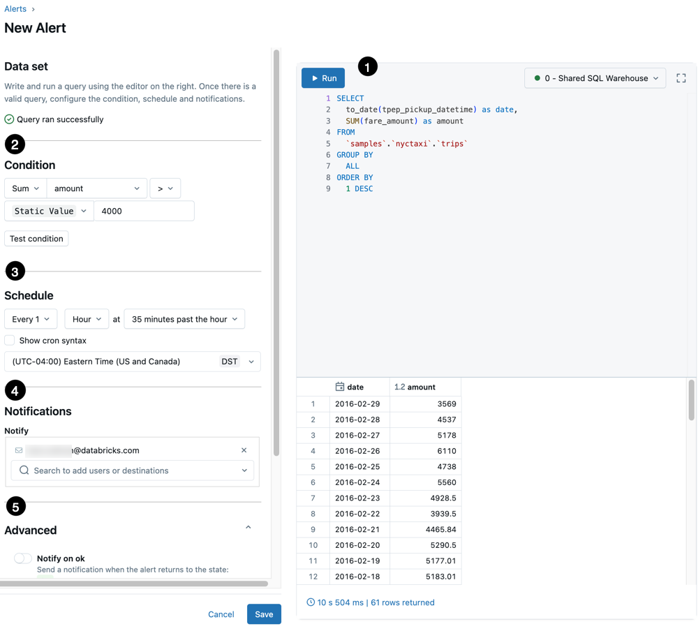 The create alert UI is shown with numbered labels that identify different parts.