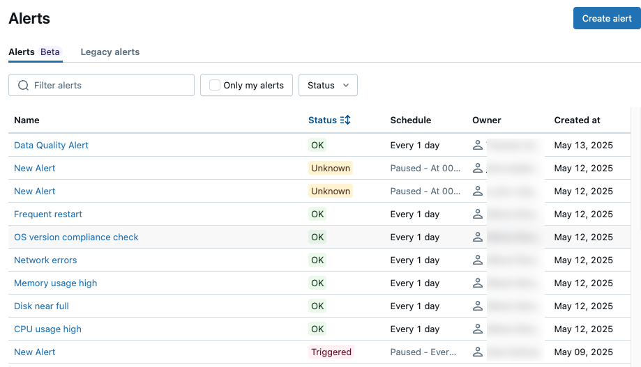 The alerts listing page.