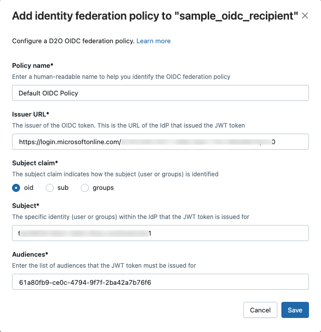 OIDC policy configuration dialog
