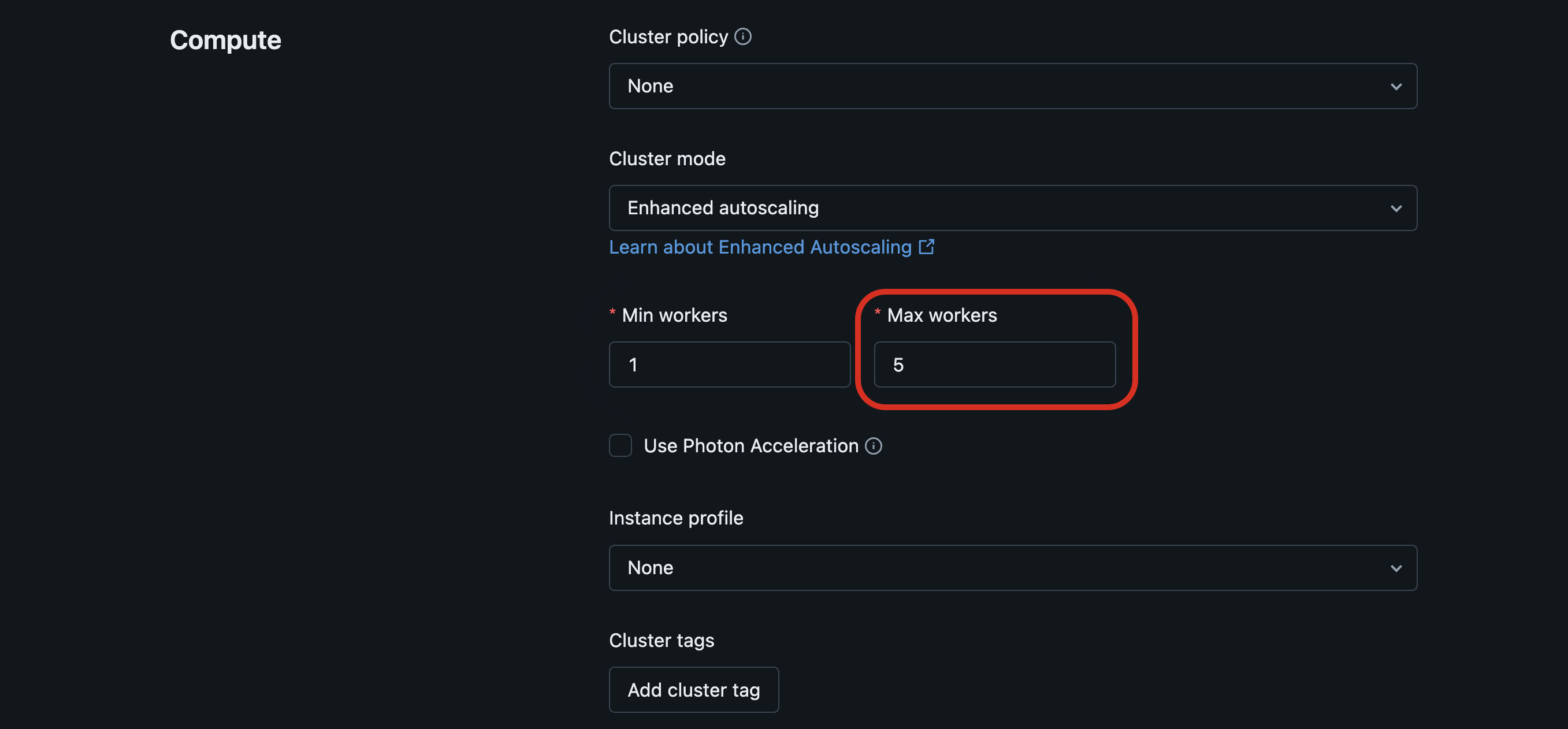 The Compute pane in the Pipelines UI, where you can set the Max workers for autoscaling