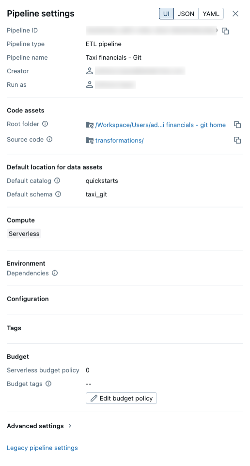 Pipeline settings