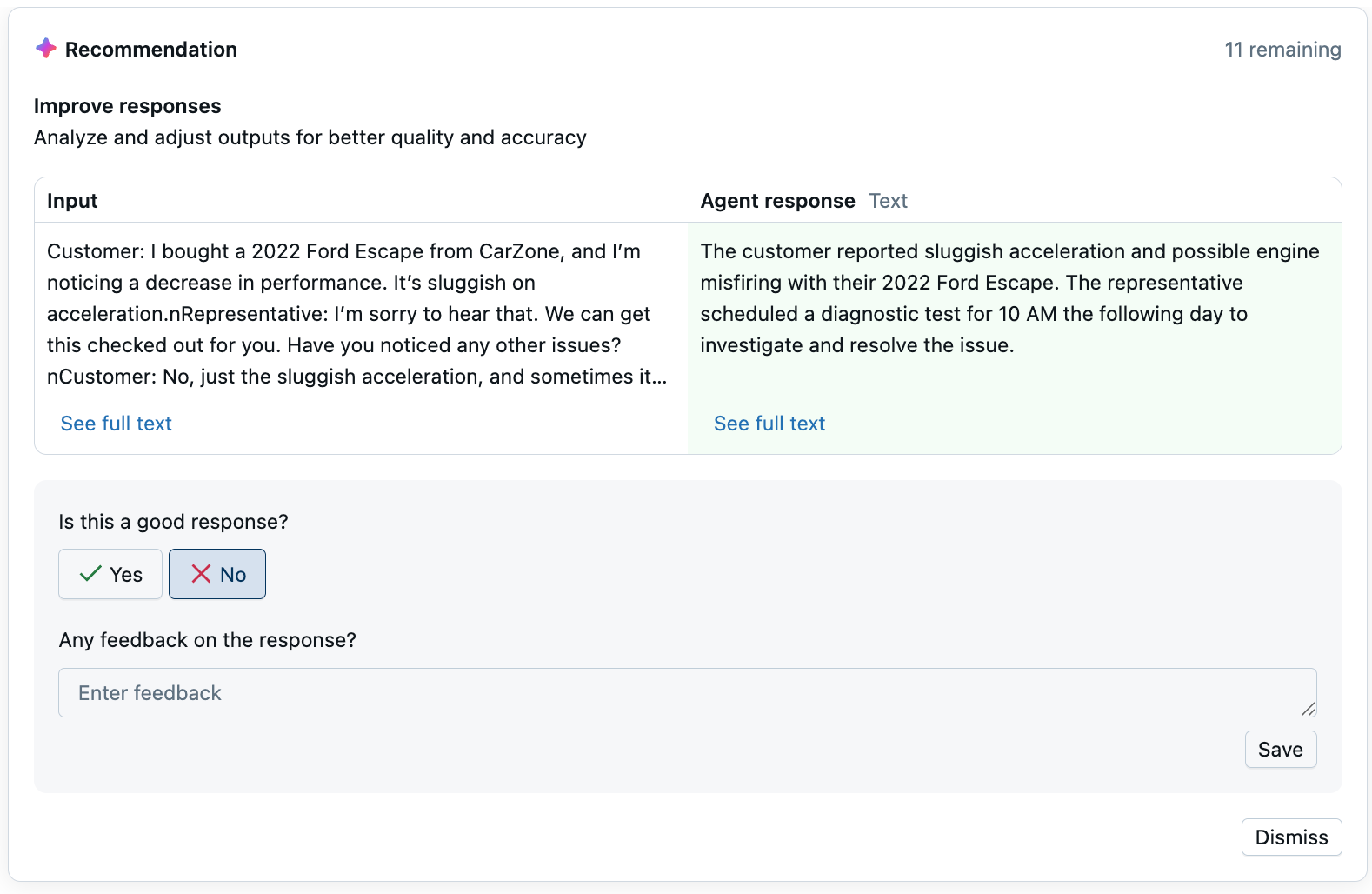 Evaluate sample model inputs and outputs to improve responses.