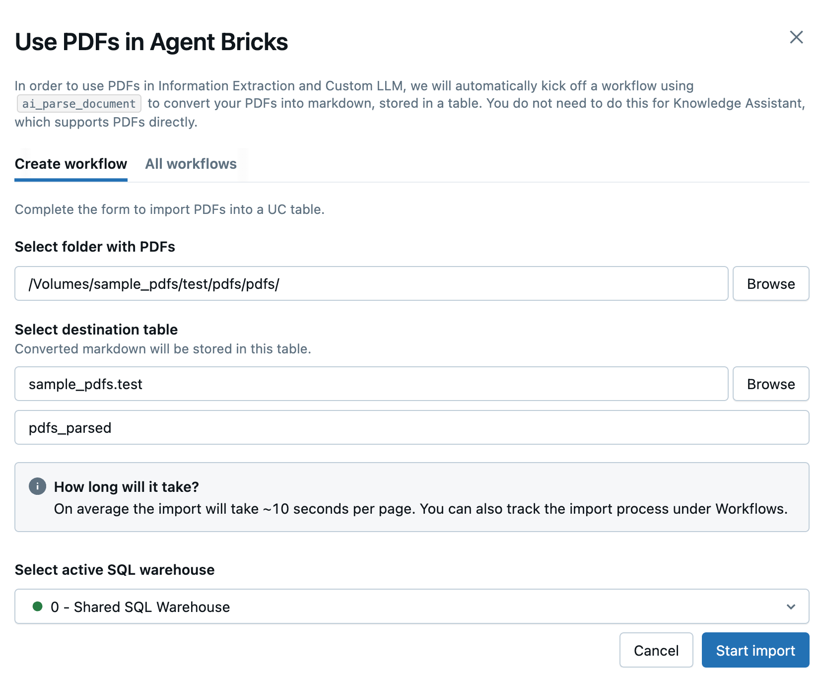 Configure workflow to use PDFs in Agent Bricks.