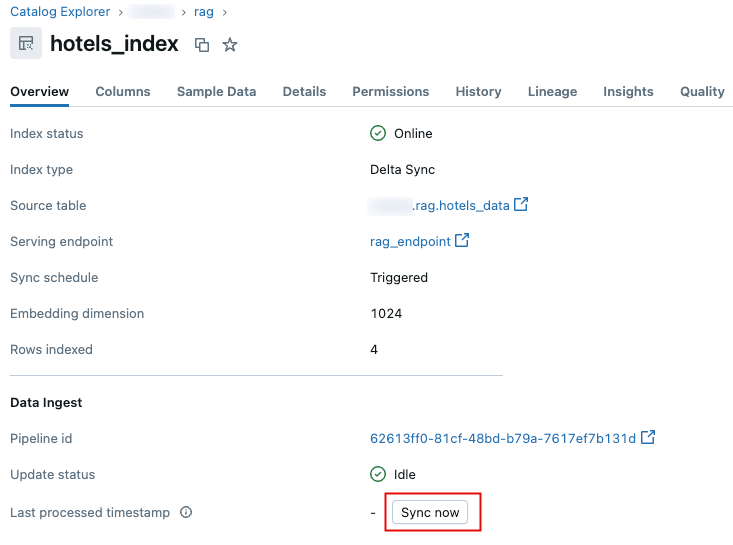 Sync now button to sync a vector search index from Catalog Explorer.