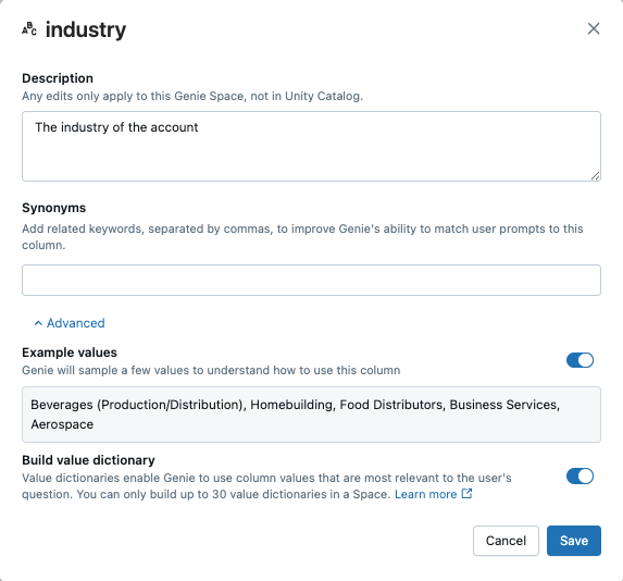 A string column with the value dictionary button on the right.