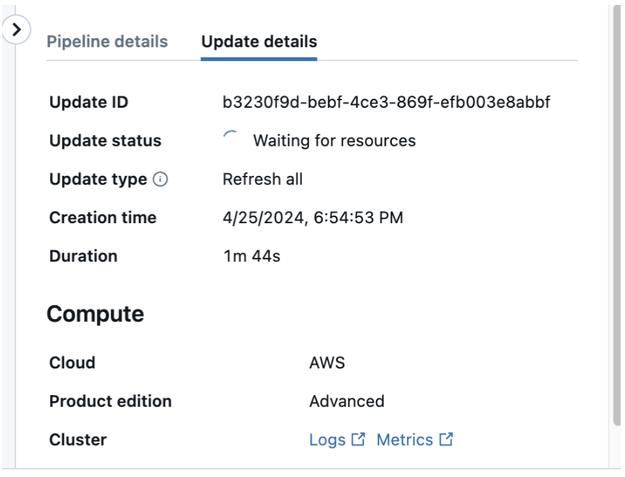 View pipeline update details in the UI