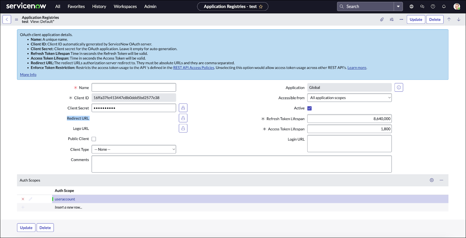ServiceNow OAuth application details