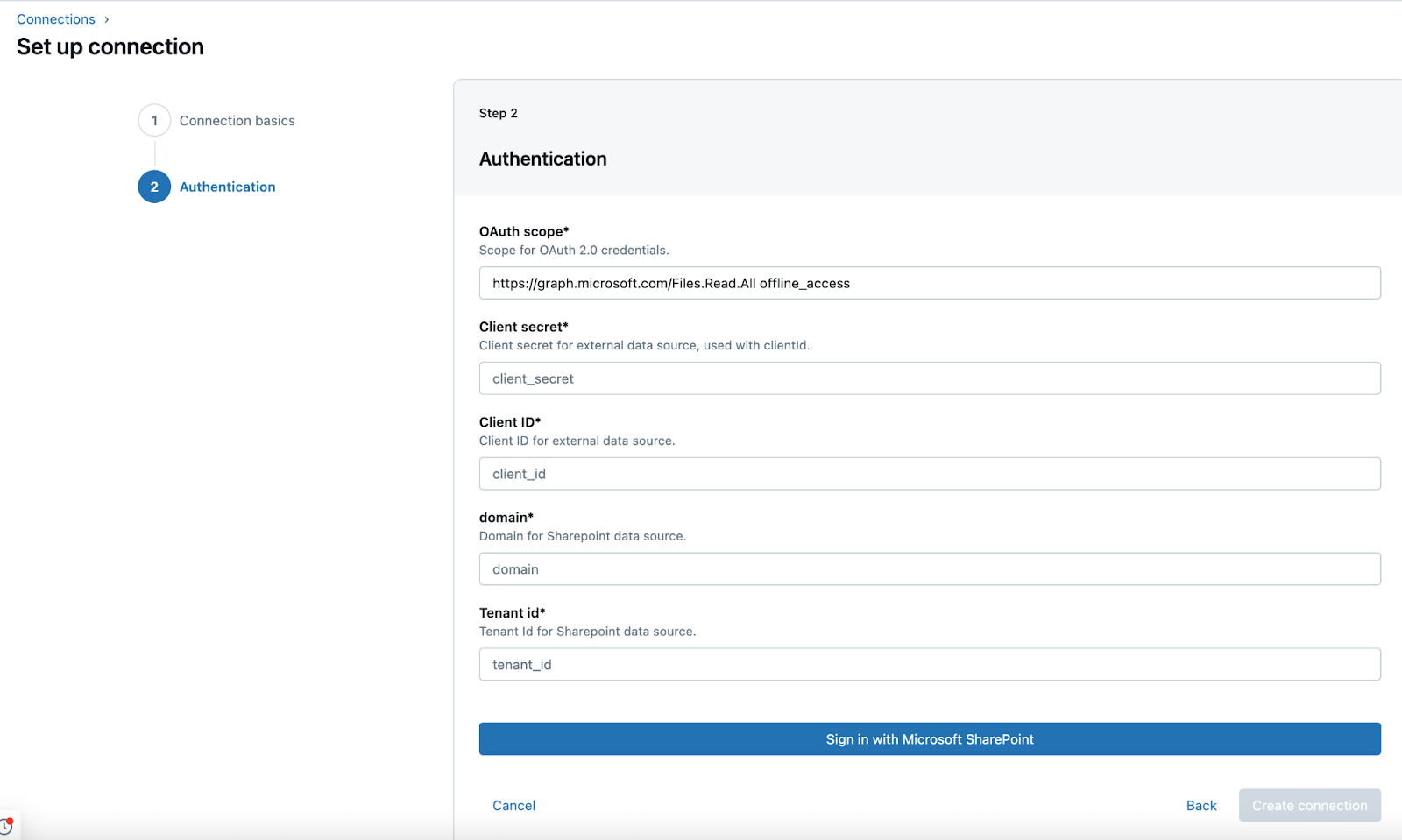 Required fields for a Unity Catalog connection that stores SharePoint authentication details