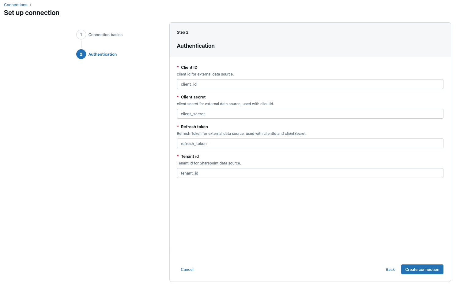 Required fields for a Unity Catalog connection that stores SharePoint authentication details using a manual refresh token