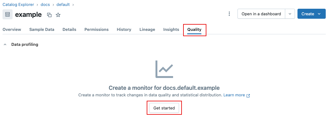 Lakehouse monitoring get started button.