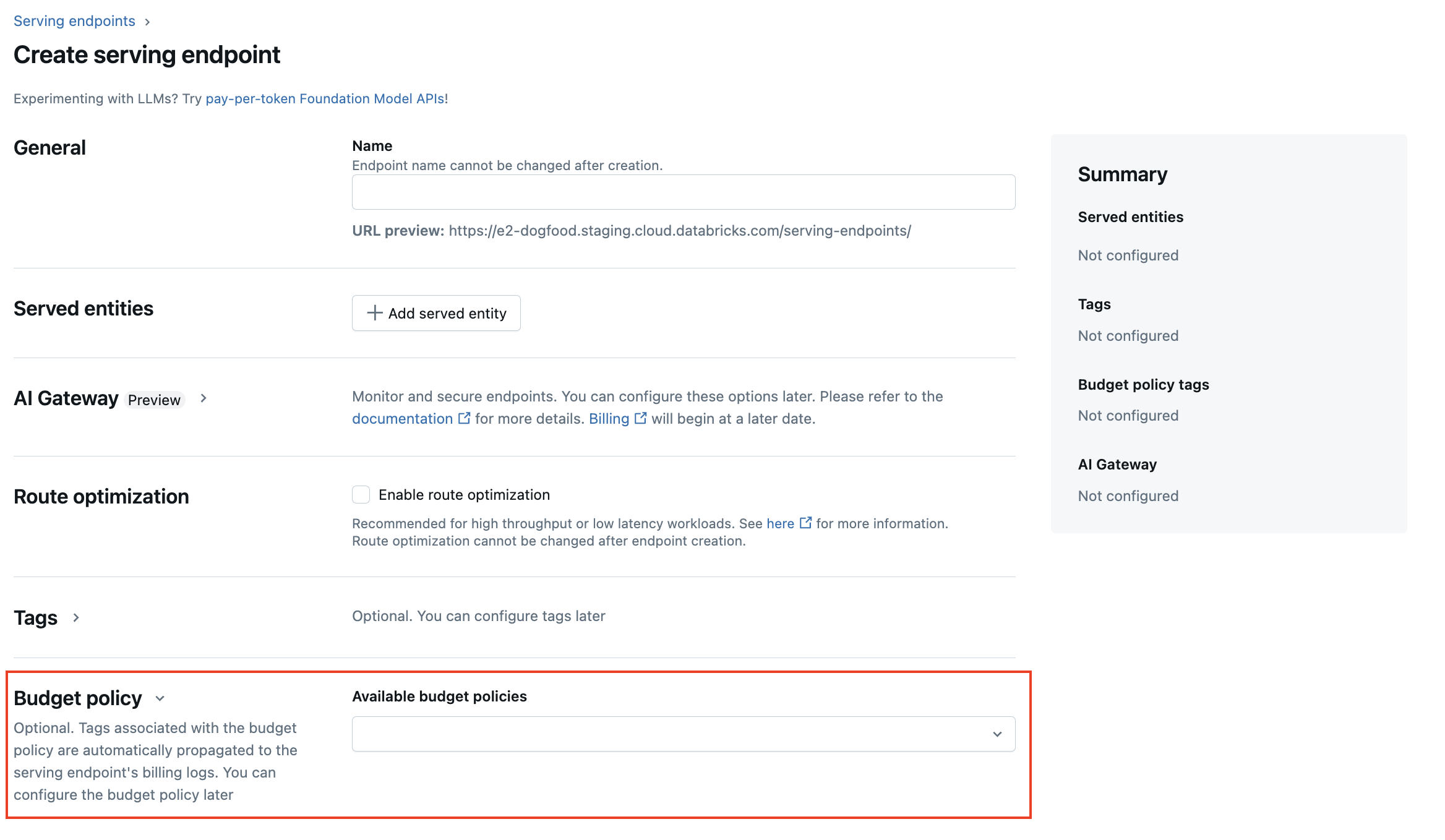Add serverless budget policy during model serving endpoint creation using the Serving UI.