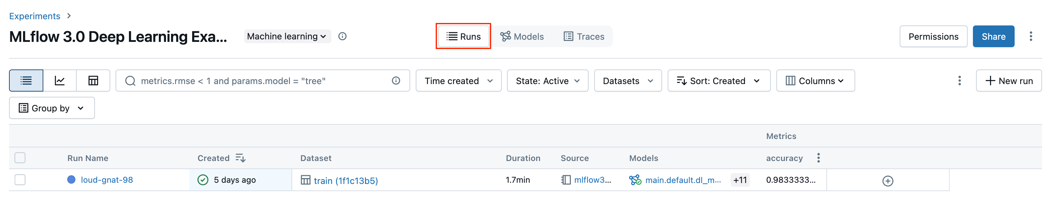 MLflow 3 runs tab showing a deep learning training run.