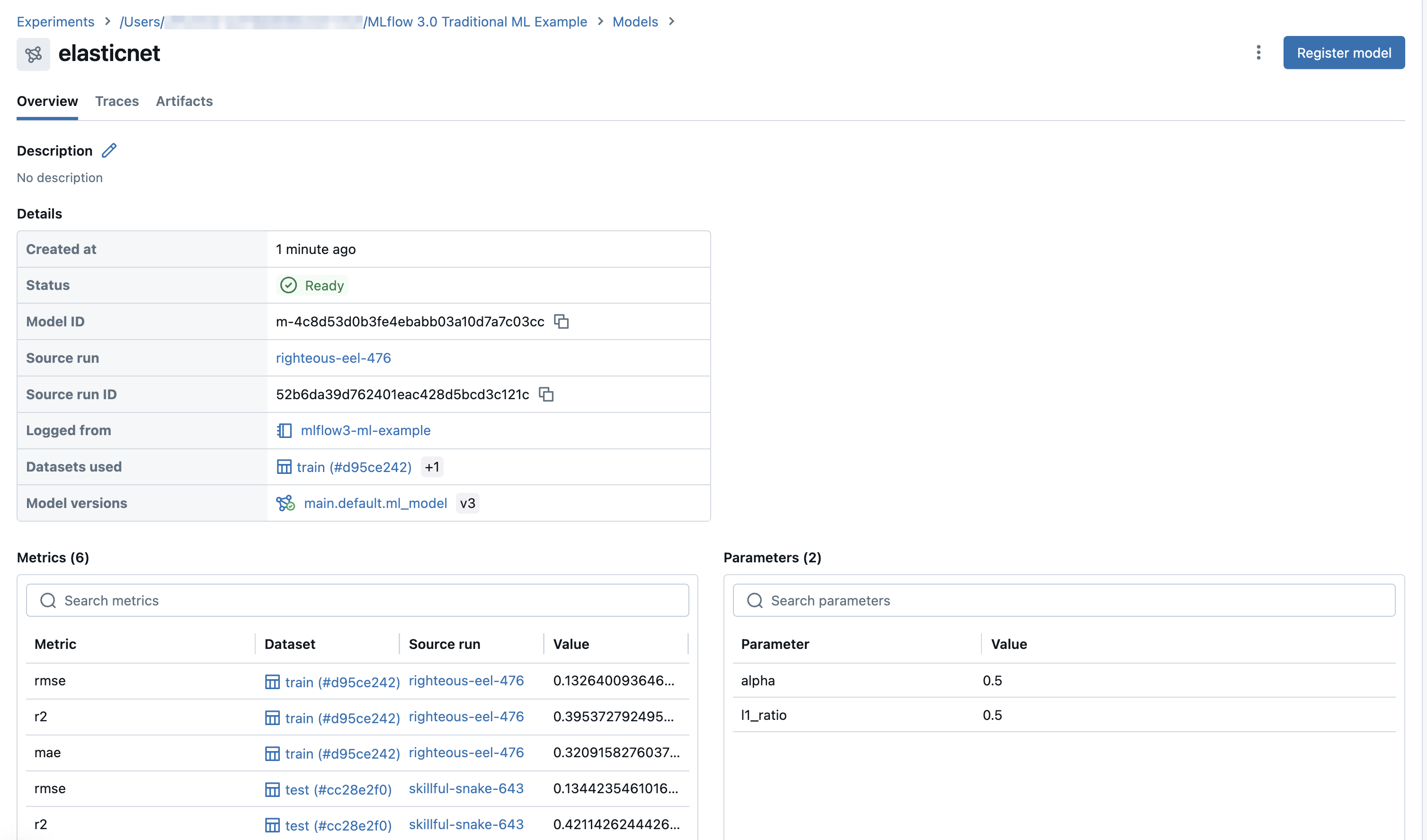 MLflow 3 model details page.