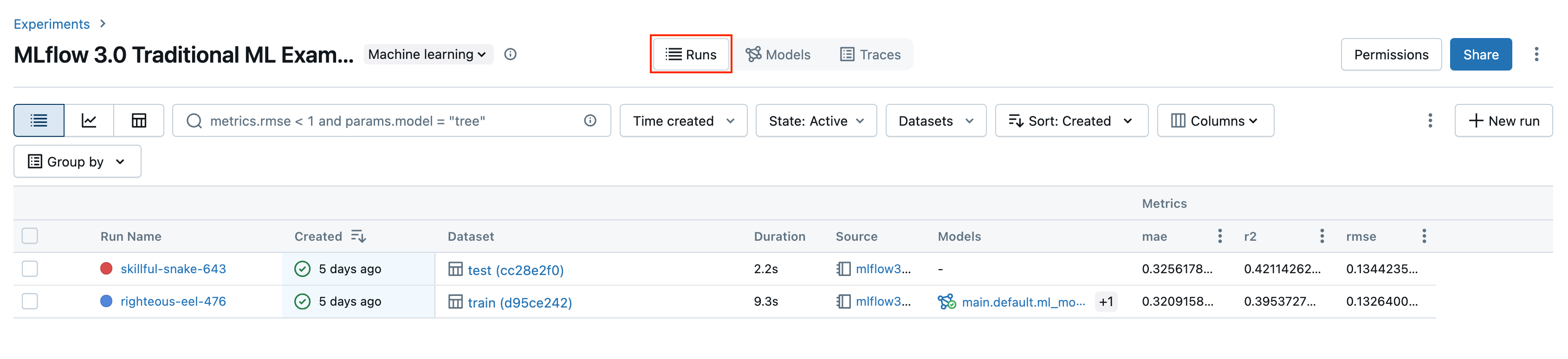MLflow 3 runs tab showing training and test runs.