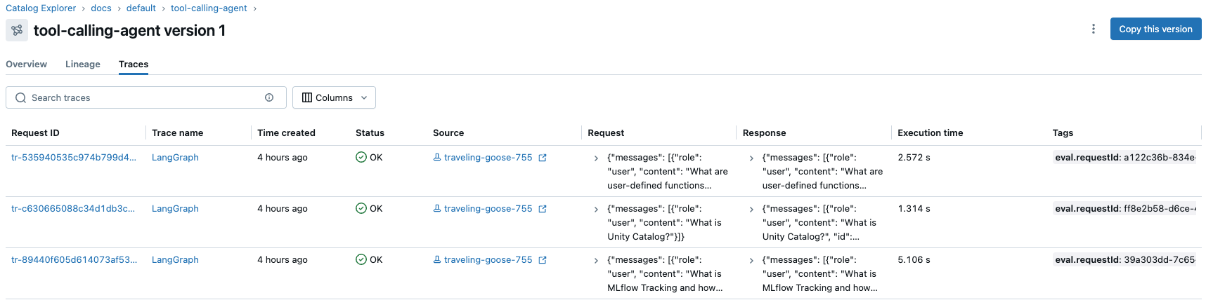 Traces tab of model version page in Unity Catalog showing details of multiple traces.