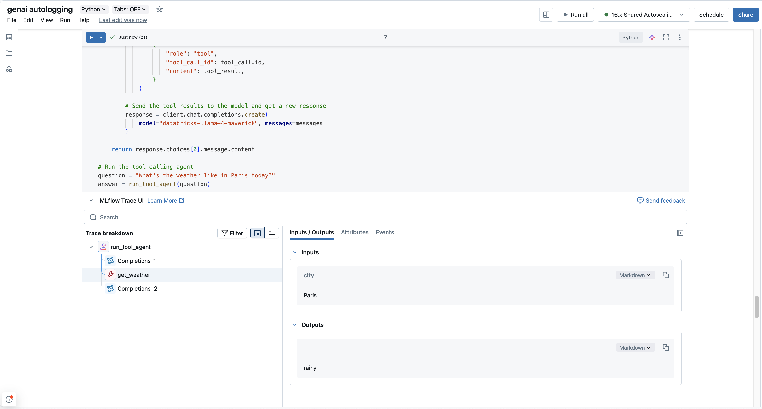 Databricks Foundation Models Function Calling Trace