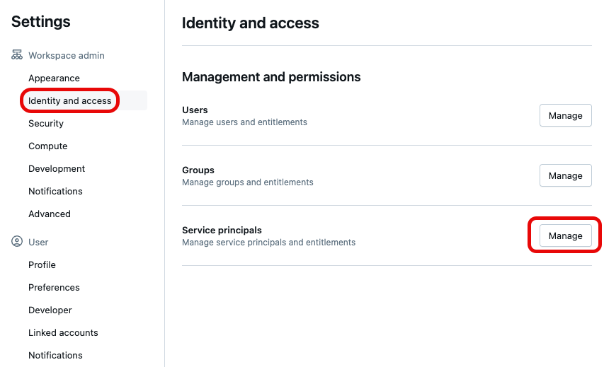 The Identity and access screen if Databricks workspace settings