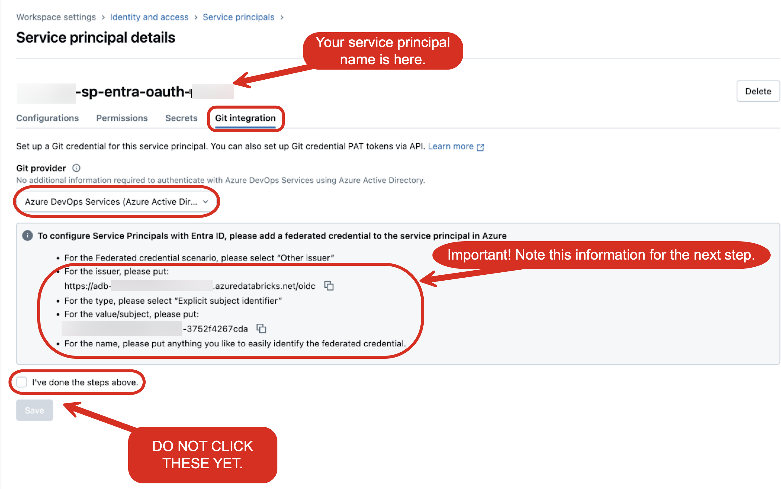 The Service principal details pane for Git integration. Copy down the details from the grey callout box.