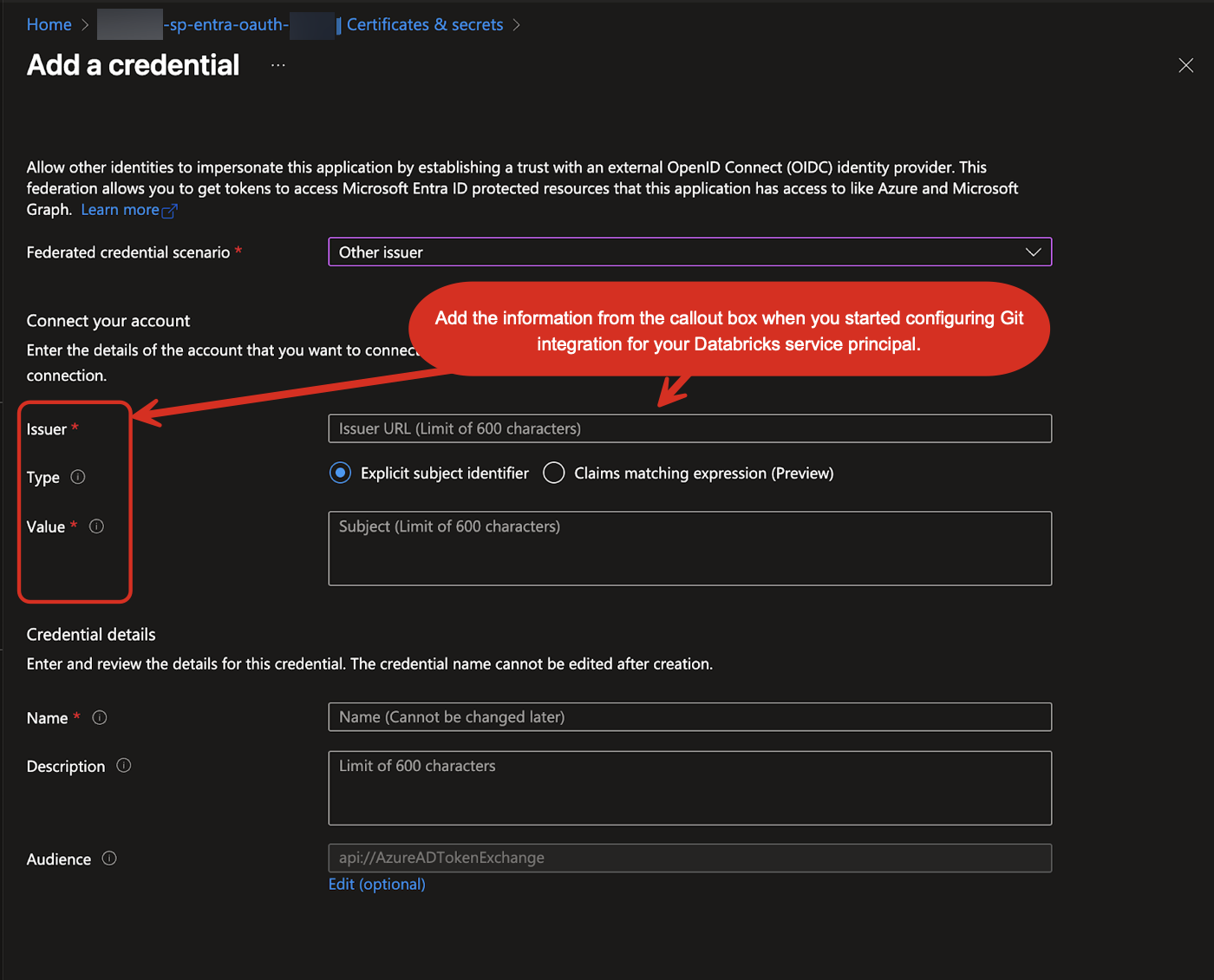 The service principal details pane for Git integration. Copy the details from the grey callout box.
