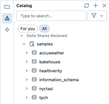 The left pane in the SQL editor includes tabs for the workspace file browser, schema browser, and Databricks Assistant.