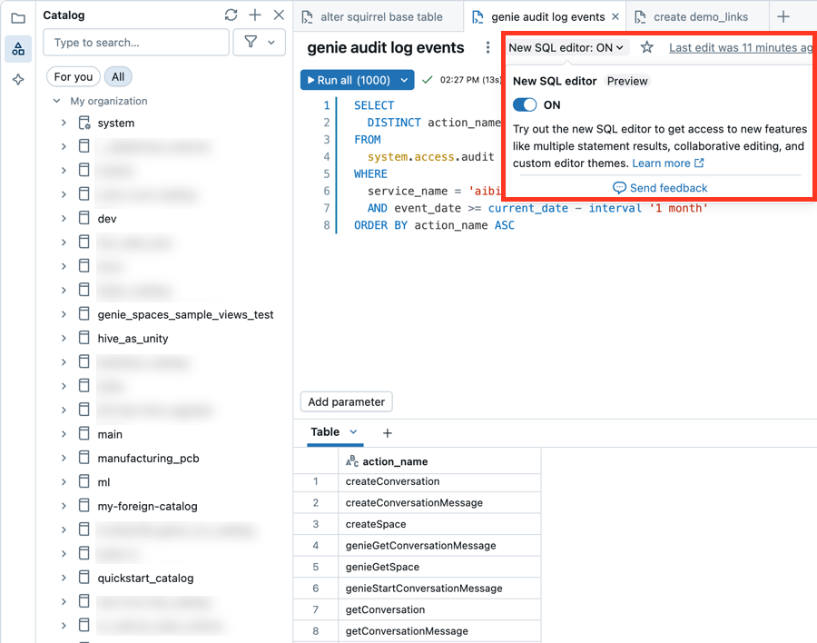 Screenshot showing the SQL editor with the new query editor turned off