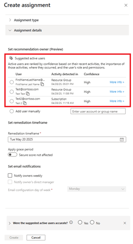 Screenshot that shows the activity and confidence assigned to the top three suggested users.
