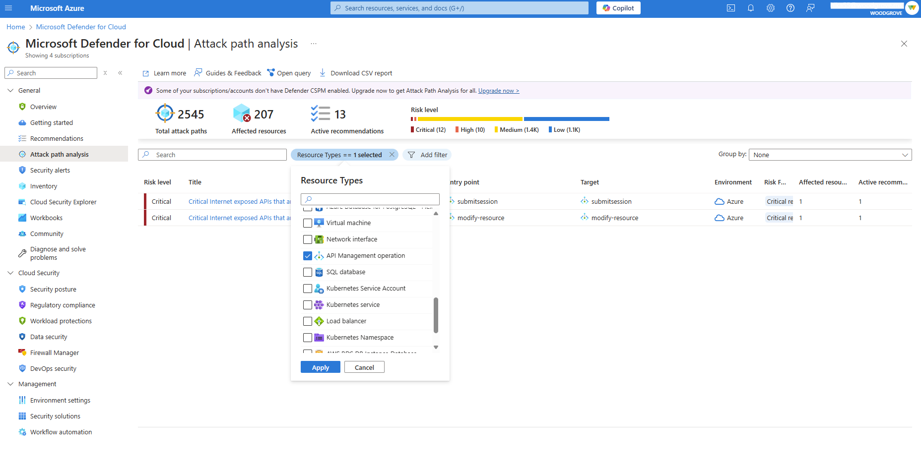Screenshot of Attack path analysis filtered by API Management operation.