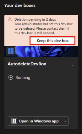 Screenshot of the Dev Box developer portal showing the scheduled deletion notice and the option to keep the dev box.