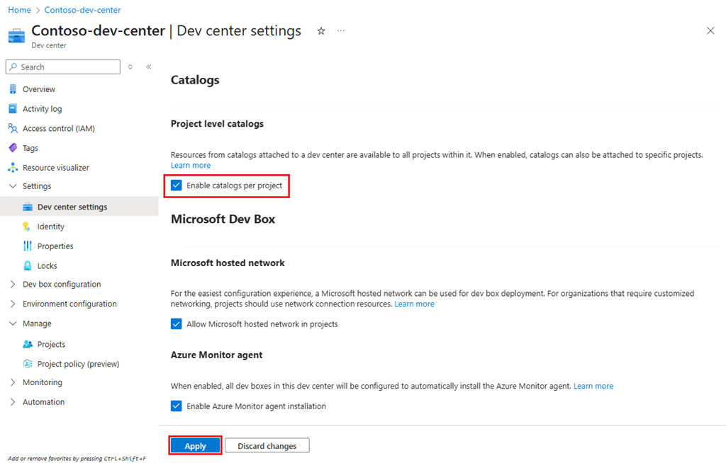 Screenshot that shows the Dev center settings page with the Project level catalogs pane open and the Enable catalogs per project option selected.