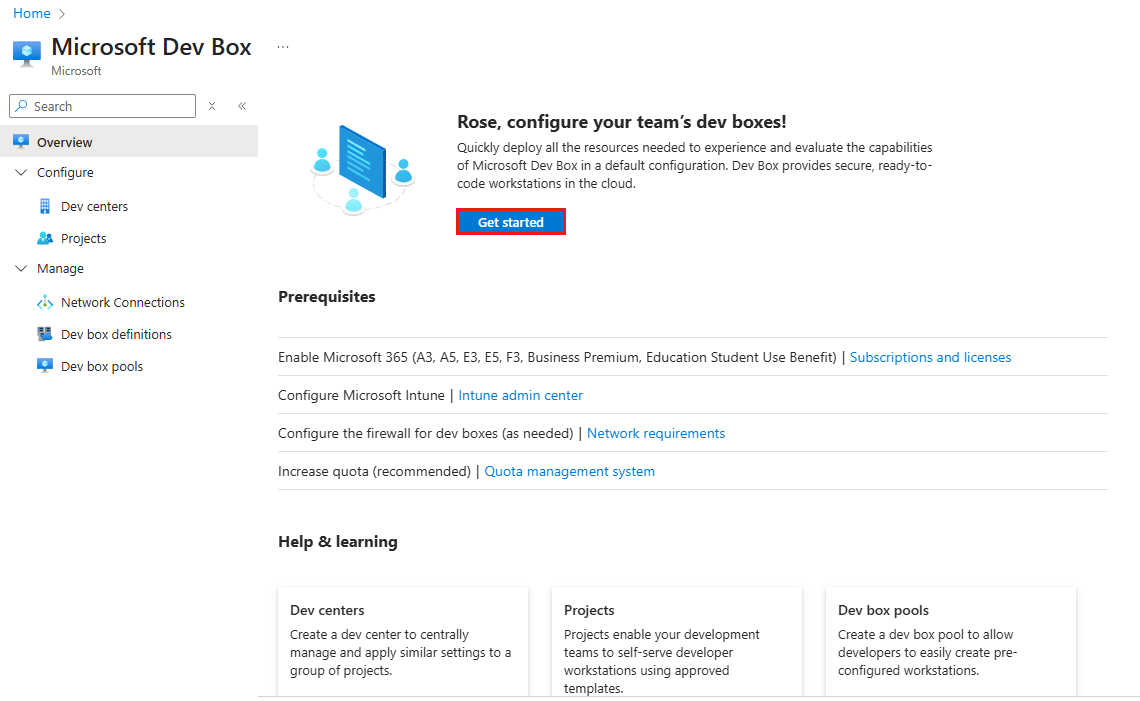 Screenshot of the Dev Box Get Started page in the Azure portal, showing options to configure a dev box environment.