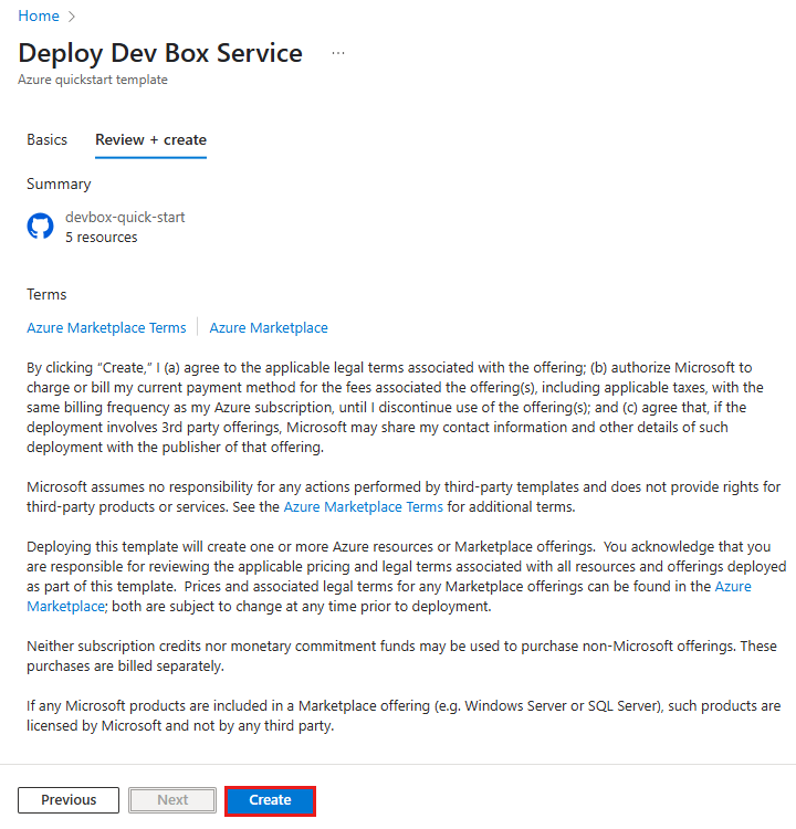 Screenshot of the Review + Create tab in the Get Started template, showing a summary of the configuration before deployment.
