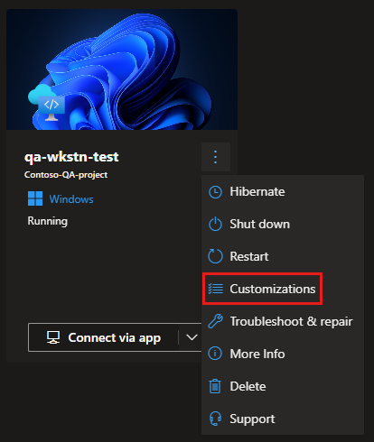 Screenshot of the dev box tile, showing the Actions menu with the Customizations command highlighted.