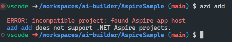 A screenshot showing the incompatible .NET Aspire project error.