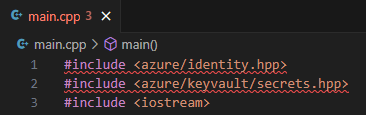 {Screenshot of C++ include statements from VS Code that have red error squiggly lines underneath.}