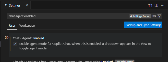 Screenshot that shows the settings dialog with settings filtered to chat.agent.enabled.