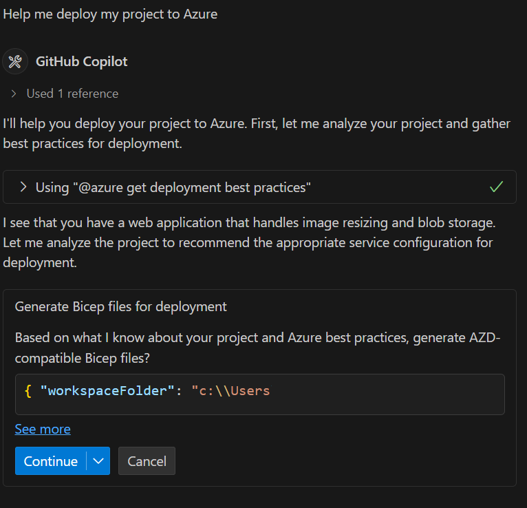 Screenshot of the GitHub Copilot chat pane evaluating your project to recommend resources.