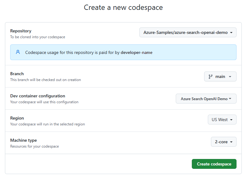 Screenshot of the confirmation screen to create a new GitHub codespace for the sample.