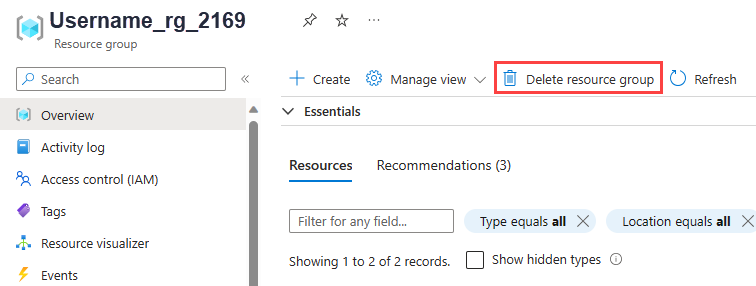 Screenshot that shows how to delete a resource group in the Azure portal.