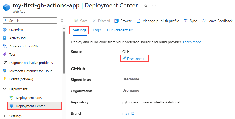Screenshot that shows how to disconnect GitHub Actions from an App Service instance in the Azure portal.